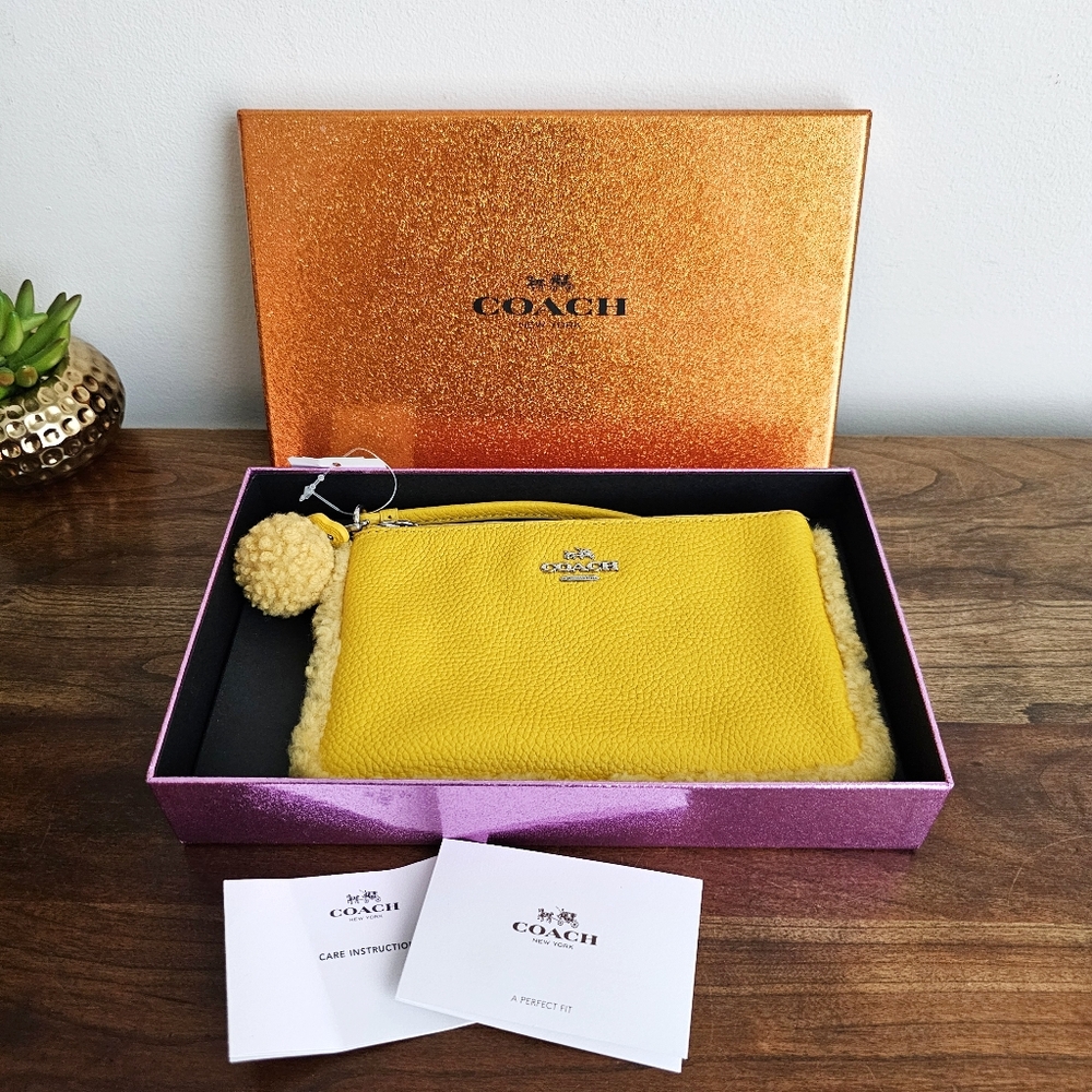 Vintage NWT Coach Shearling Small Wristlet in Banana Yellow With Pom Pom